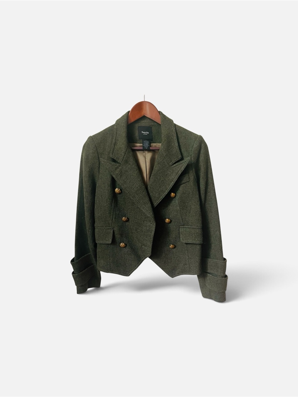 Vintage Smythe Military-Inspired Olive Green Double-Breasted Cropped Blazer